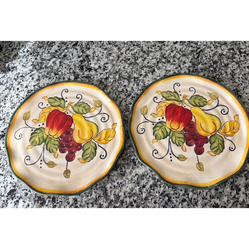 Pair Fruit Harvest Ceramic Fruit Dinner Plates Apple Pear Grapes 11”